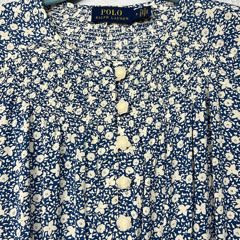 Polo Ralph Lauren Floral Print Blue White Ruched Sleeve Button Front Blouse 0 - Picture 4 of 10